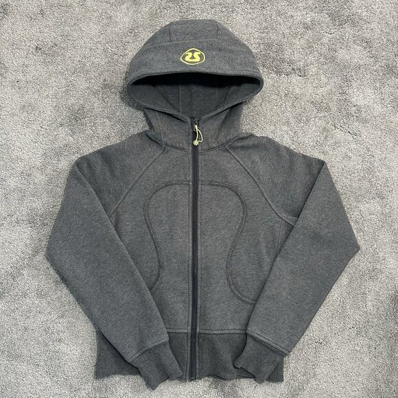 Lululemon Scuba Hoodie Women Size 4 Heathered Gray Sweatshirt Lime Logo - Picture 1 of 11